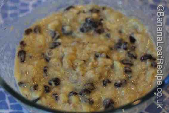 Fat free banana loaf apple sauce, mashed banana, egg and raisins